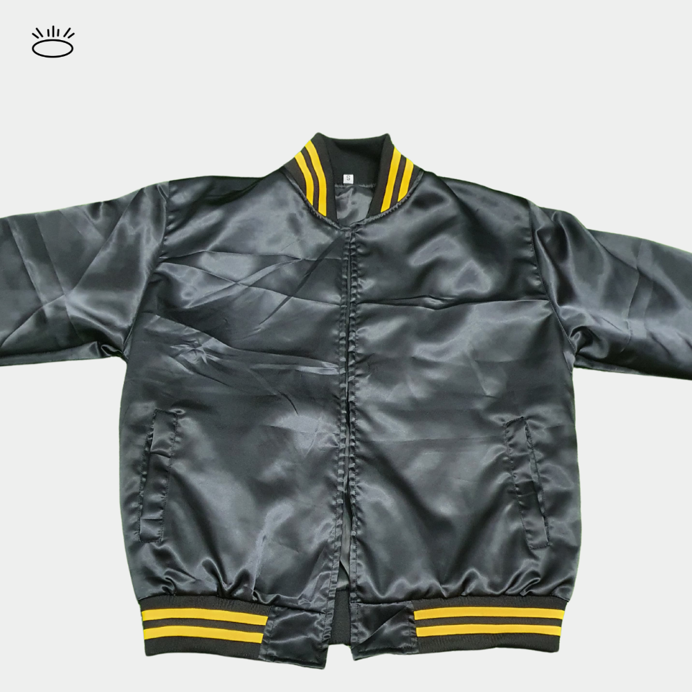 Black Satin Bomber Jacket with Yellow Stripes