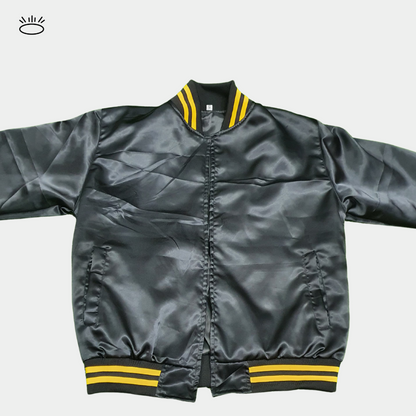Black Satin Bomber Jacket with Yellow Stripes