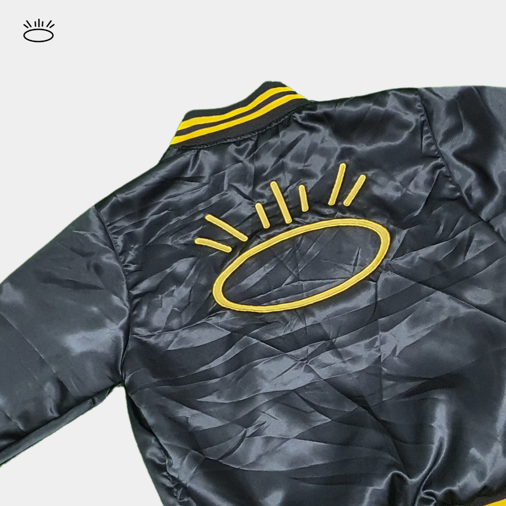 Black Satin Bomber Jacket with Yellow Stripes