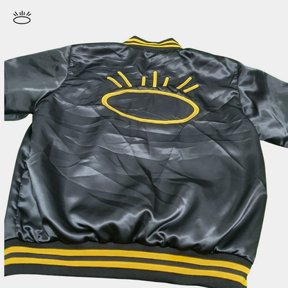 Black Satin Bomber Jacket with Yellow Stripes