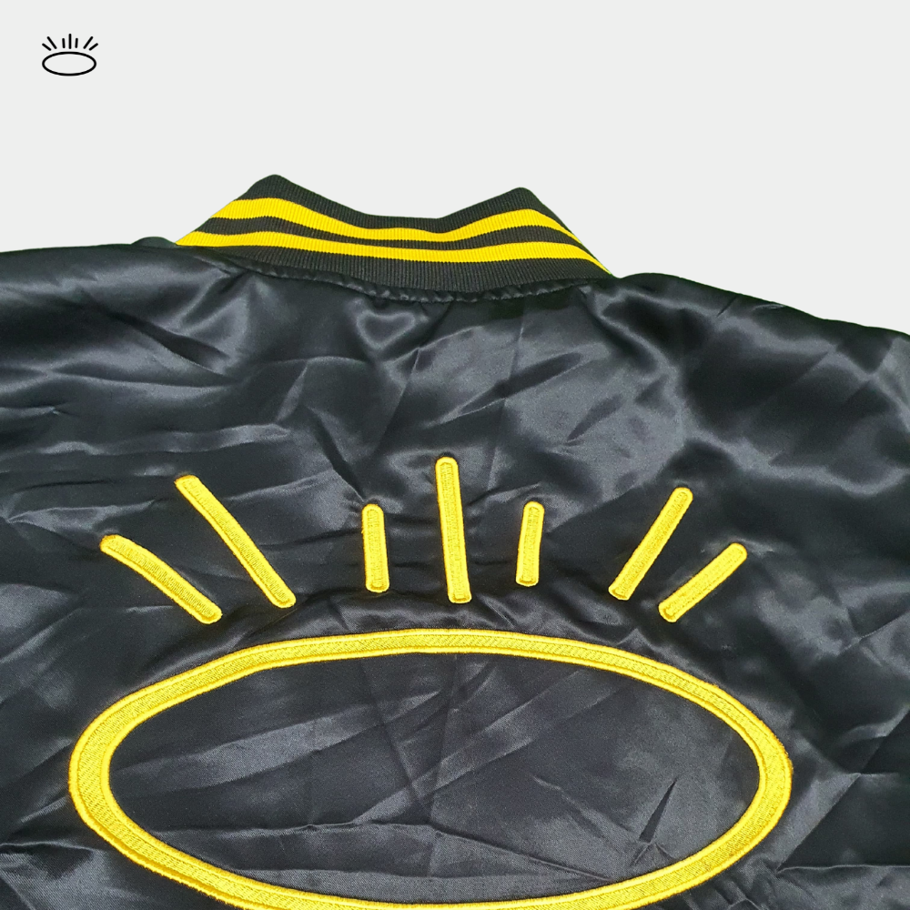 Black Satin Bomber Jacket with Yellow Stripes